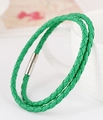 Green woven leather bracelet with silver magnetic clasp for a double-wrap stylish look - Green