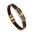 Bracciale retrò in pelle marrone con placca teschio in bronzo e chiusura magnetica - Marrone Scuro