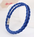Double-wrap braided blue leather bracelet with a polished silver magnetic clasp - Blue