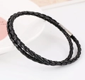 Minimalist double-wrap black braided leather bracelet with a silver rectangular clasp - Black