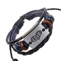 Pulsera punk vintage de cuero multicapa con cuentas y dije LOVE en plata envejecida - Negro