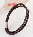 Retro dark brown double-layer braided leather bracelet with silver metal cylinder clasp - Brown