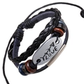 Punk multilayer bracelet with black braided leather, wood beads and silver LOVE plate - LOVE Engraved Multi-layer Braided Style (BX113)
