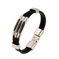 Bracciale in pelle nera a più fili con tre tubi d'argento e chiusura a scatto in metallo - Cordino in Pelle Nera a Tre Fili Con Tubo in Metallo Argentato