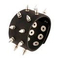 Punk black leather wristband with double-row silver metal spikes and adjustable snaps - Double Row Cone Studs / Black