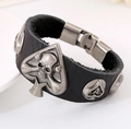 Herren Punk Lederarmband mit vintage silbernem Totenkopf und Spaten Relief - Schwarz