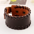 Retro Punk breites dunkelbraunes Lederarmband mit überkreuzten gewebten Nähten - Braun