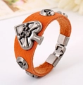 Punk-Armband aus orangefarbenem Echtleder mit Retro-Silber-Totenkopf und Schnalle - Orange