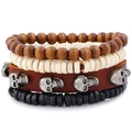 Set di quattro bracciali multistrato in pelle con perline di legno e ciondoli a teschio - Set da quattro pezzi con teschio (TZ087)