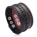 Handmade woven punk leather cuff bracelet with adjustable silver metal snap fasteners - Black and Brown