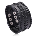 Punk style wide black braided leather bracelet with adjustable silver metal snap buttons - Black