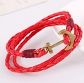 Red multi-layer braided leather bracelet with vintage bronze anchor charm clasp - Red