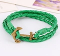 Three-layer green woven leather bracelet with bronze anchor clasp in maritime style - Green