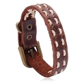 Bracciale vintage in pelle marrone intrecciata con cuciture bianche e chiusura in bronzo - Stile Regolabile con Fibbia ad Ardiglione / Marrone Scuro