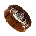 Bracciale multistrato vintage in pelle testa di moro con ciondolo a scudo argento e cordini - Stile Scudo Retro / Marrone Scuro