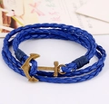 Dark blue multilayer braided leather bracelet with vintage bronze anchor charm - Blue