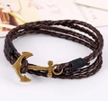 Retro multi-layer braided leather bracelet featuring a bronze anchor pendant in coffee brown - Brown