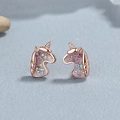 925 silver unicorn stud earrings in rose gold finish with pink glitter inlay for women - 925 Silver / Rose Gold