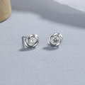 Elegant 925 sterling silver stud earrings featuring round clear zircon and twisted knots - White Gold / Twisted