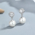 925 silver pearl drop earrings with round cubic zirconia and polished white pearls - 925 Silver / White Gold