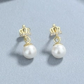 Elegant 925 sterling silver crown pearl earrings with sparkling stones on blue background - 925 Silver / Yellow Gold (3 Threaded Bead)