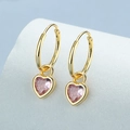 Gouden oorringen met een hartvormige roze zirkoon hanger op een standaard - 925 zilver / Goud Roze Zirkonia