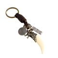 Retro punk keychain with braided leather strap, bronze wolf head and resin fang pendant - Retro Wolf Tooth Style (K69)
