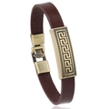 Vintage-Lederarmband in Dunkelbraun mit griechischem Meandermuster und Bronze-Metallplatte - Dunkelbraun