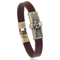 Lederarmband für Herren mit Vintage-Bronze-Totenkopf und Freimaurer-Emblem auf braunem Band - Dunkelbraun