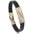 Bracelet en cuir noir rétro avec gravure de cœur en bronze vu sous un angle latéral - Noir