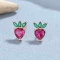 925 silver strawberry earrings with heart-shaped pink gems and green leaves - Strawberry Shape / 925 Silver / Rose Gold