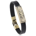 Retro black leather bracelet with bronze maple leaf metal plate and buckle closure - Black