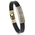 Bracciale vintage unisex in pelle nera con incisione believe in bronzo e chiusura in metallo - Nero