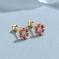 Pendientes de flores en plata 925 con circonitas rosas y cierre de rosca de seguridad - Plata 925 / Dorado (Piedra Rojo Rosa)