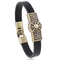 Pulsera retro de cuero negro para hombre con placa de bronce estrella cruz estilo punk - Negro