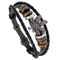Multilayer braided leather bracelet featuring vintage maple leaf charm and metal beads - Black Maple Leaf