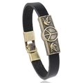 Retro-Lederarmband in Schwarz mit bronzenem Friedenszeichen und Vögeln auf Weiß - Schwarz
