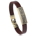 Retro brown leather bracelet with bronze 'Forgiven' metal plate and folding clasp - Dark Brown