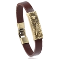 Bracciale vintage in pelle marrone con placca in bronzo e rosa su sfondo bianco - Marrone Scuro