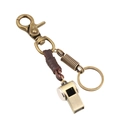 Retro brass whistle keychain with dark brown leather strap and sturdy swivel carabiner - Vintage Whistle Style (K99)