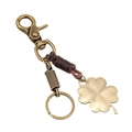 Vintage Leder Schlüsselanhänger mit Kleeblatt Anhänger und Karabiner auf weißem Grund - Kleeblatt Bronze (K97)