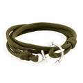 Army green nylon nautical rope bracelet with silver anchor clasp on white background - Green