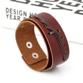 Men's retro punk wide woven leather bracelet with dual silver snap buttons closure - Brown