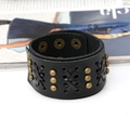 Punk Lederarmband geflochten mit Bronze-Nieten und verstellbaren Metalldruckknöpfen - Schwarz
