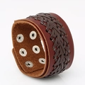 Breites Vintage-Lederarmband in Dunkelbraun mit gewebter Schicht und silbernen Druckknöpfen - Dunkelrotbraun