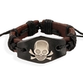 Handmade punk leather bracelet with vintage skull charm and adjustable braided rope cord - Black Thread