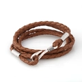 Multilayer braided PU leather bracelet with silver nautical fish hook clasp on white background - Tan