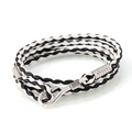 Multilayer braided PU leather nautical bracelet with silver fish hook clasp on white - Black+White