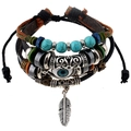 Bohemian multilayer leather bracelet with blue evil eye bead and silver feather pendant - Black