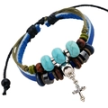 Handmade multilayer leather bracelet with wooden beads and silver cross pendant - Multi-layer Cross Style